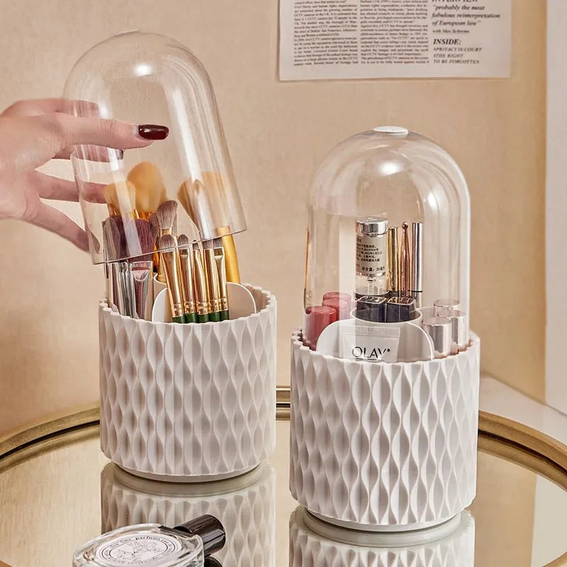 Transparent acrylic makeup brush storage box with rotating base and dustproof lid