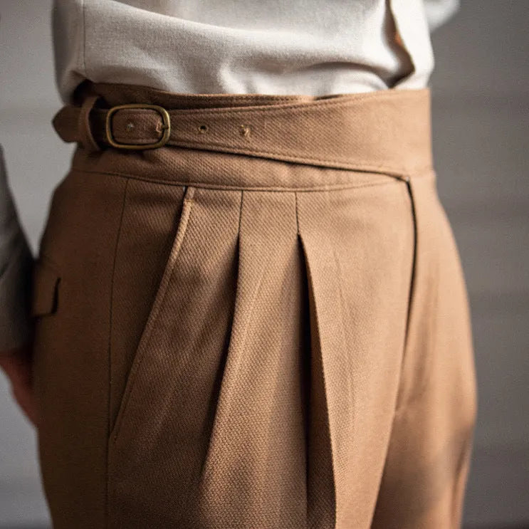 Men's high waist straight leg casual trousers in four colours with waist sizing from 28 to 36 inches