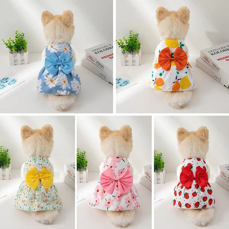 Orange bow summer pet dress with floral butterfly pattern on a dog, showing princess-style thin polyester construction.