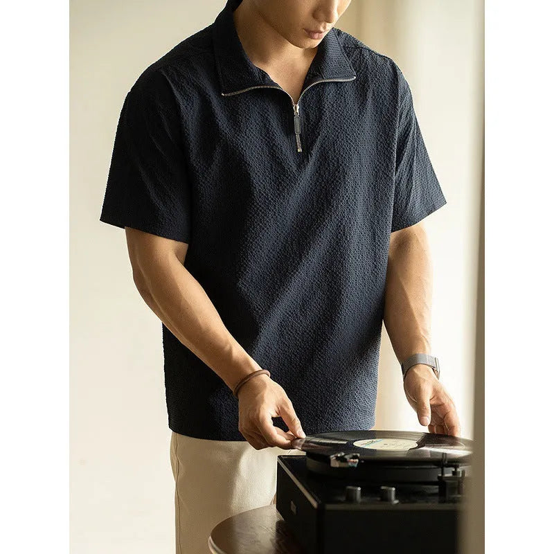 Men's cedar green short sleeve polyester T-shirt with loose fit for summer casual wear