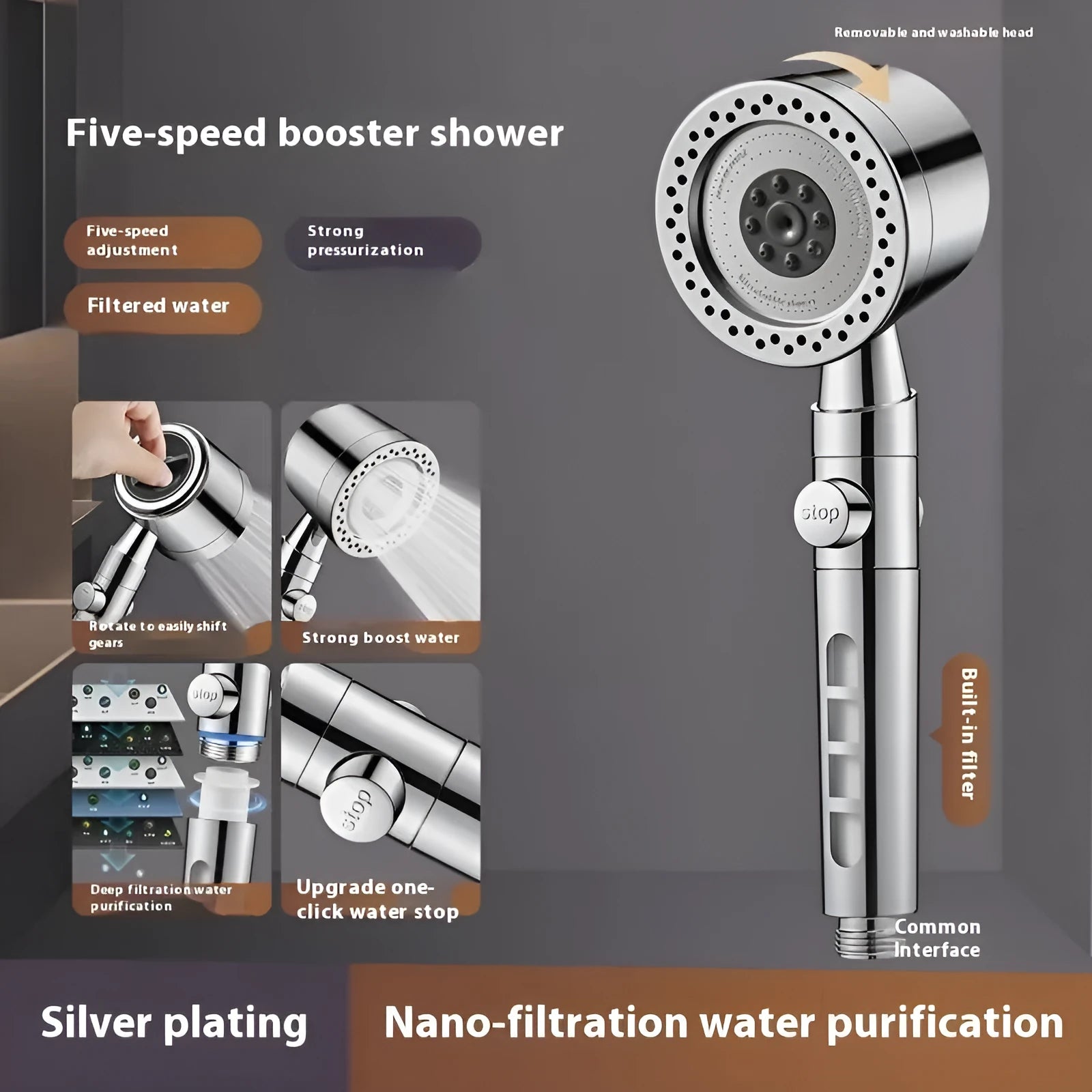 Silver chrome portable shower head with multiple spray functions on a white background.