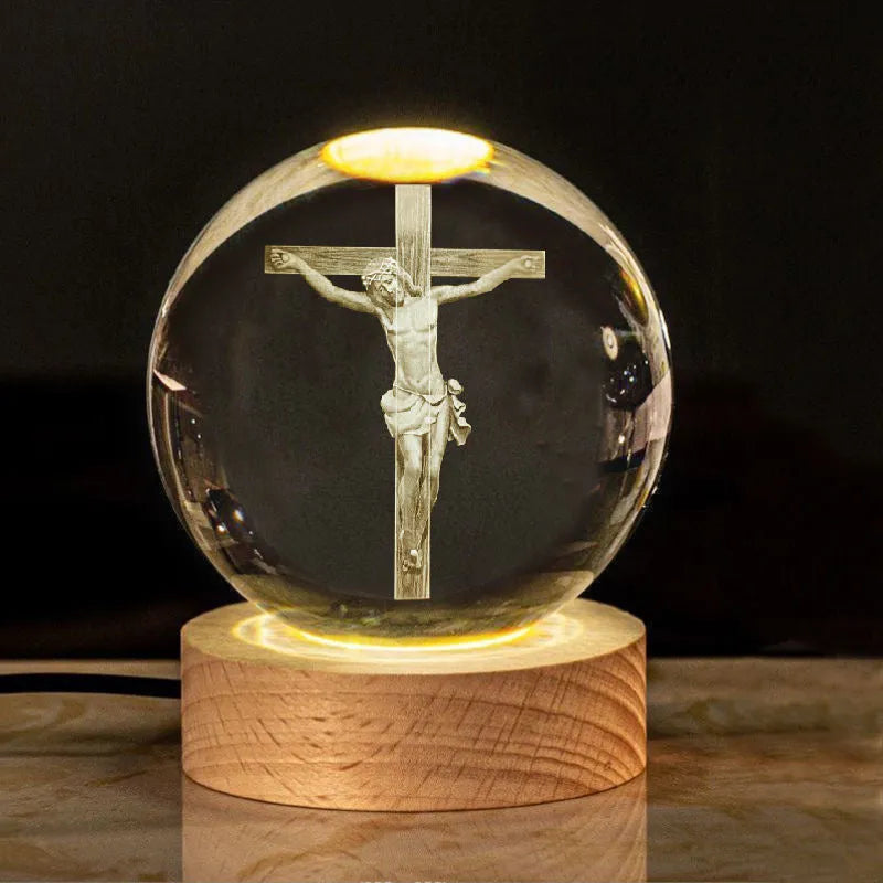 White crystal ball on solid wood warm light base decorative desk ornament