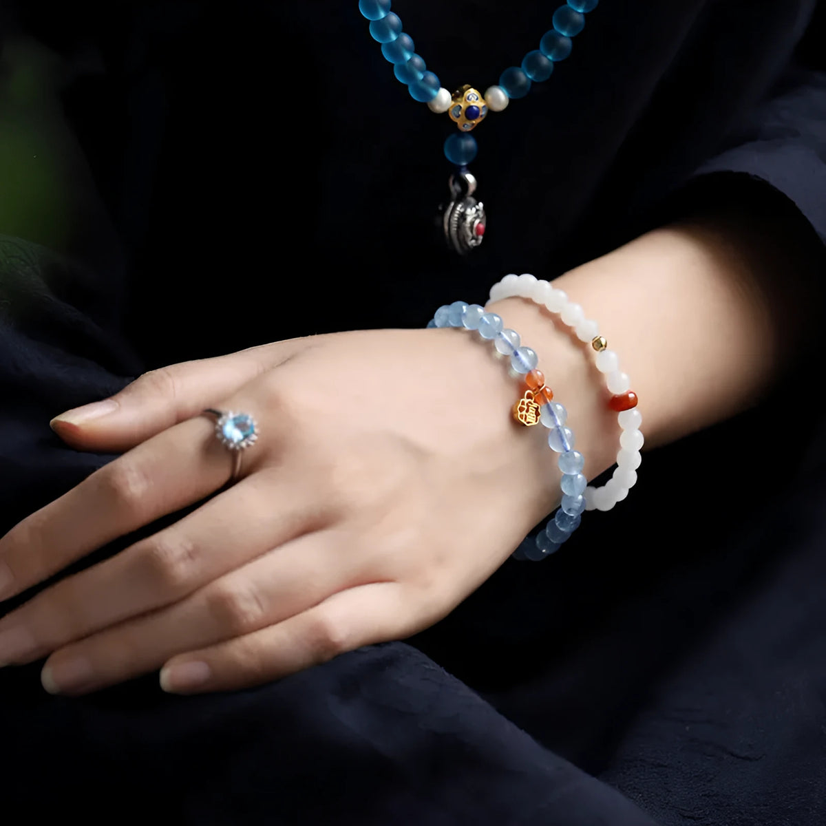 Ice translucent aquamarine crystal bracelet with 8mm round beads and sequin elements