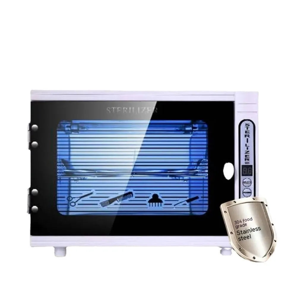 Small silver UV steriliser with stainless steel internal chamber for nail salon and barber tool disinfection