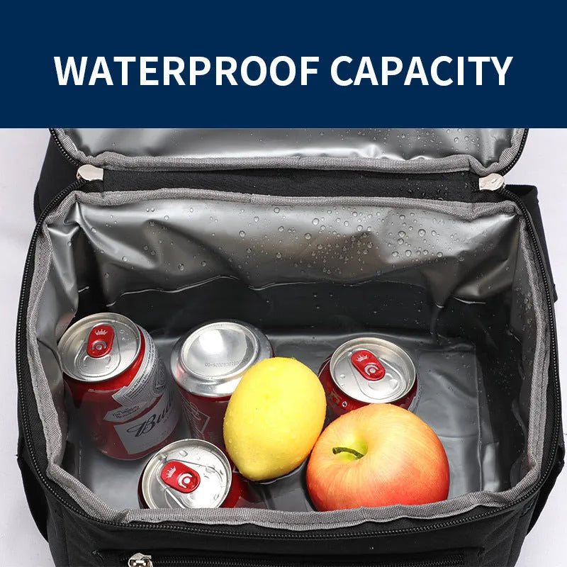 Blue insulated waterproof picnic backpack with double-layer construction and ice pack compartment