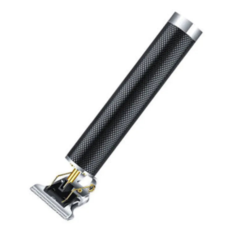 Black USB rechargeable hair clipper with gold steel blades, four comb attachments, and cleaning brush