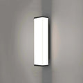 Long, slim stainless steel and plastic outdoor wall light mounted on a brick wall.