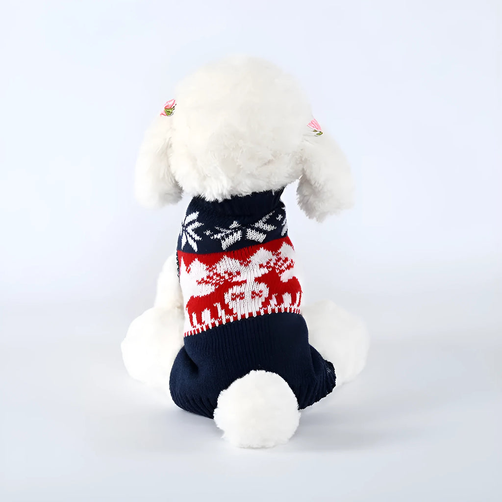 Navy blue knitted Christmas sweater for a dog on a white background