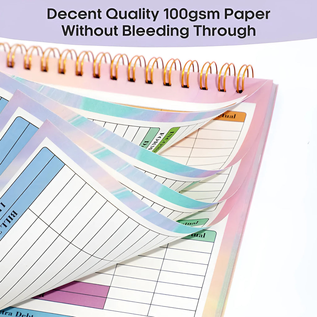 B5 size spiral-bound budget tally notebook with a PP cover, open on a table.