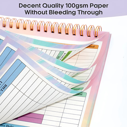 B5 size spiral-bound budget tally notebook with a PP cover, open on a table.