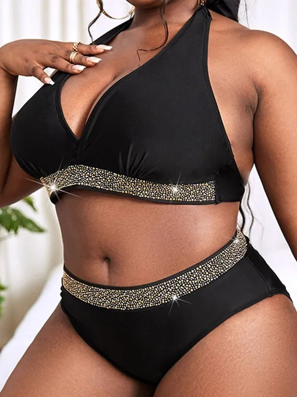 Black women's plus size bikini set with bra and shorts for swimming and hot spring use