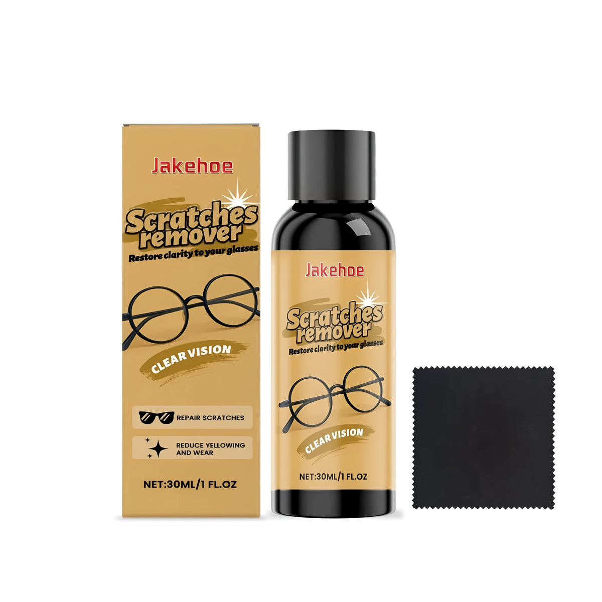 30ml bottle of glasses scratch remover liquid with included polishing cloth for lens maintenance