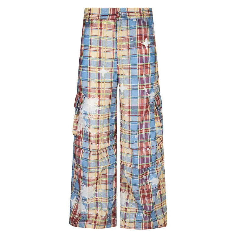 Men's blue and yellow plaid straight leg trousers with retro styling