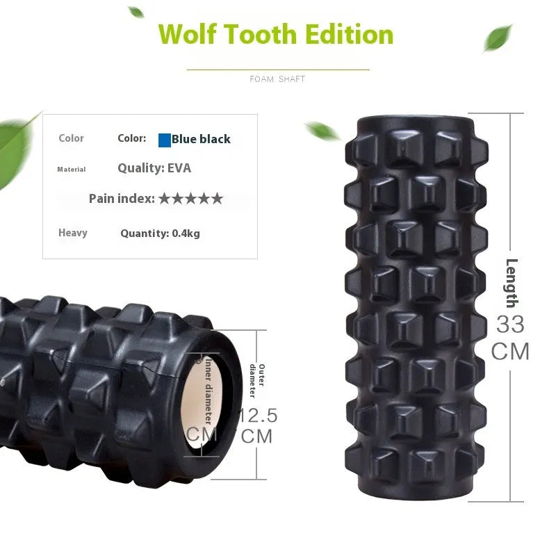 Black six-piece foam massage roller measuring 33 cm long with segmented design