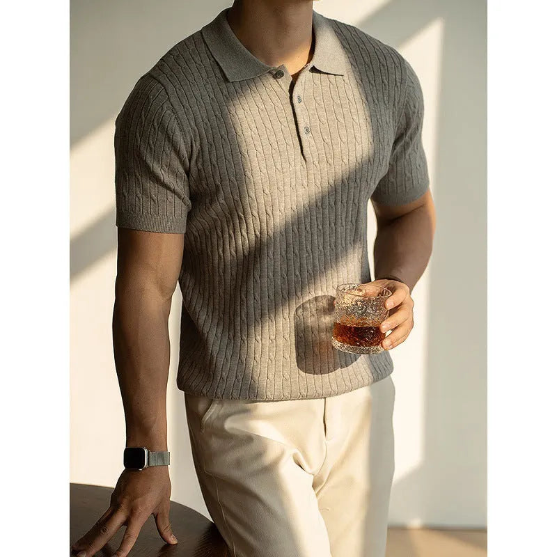 Men's khaki short sleeve business-casual top for office and commute wear.