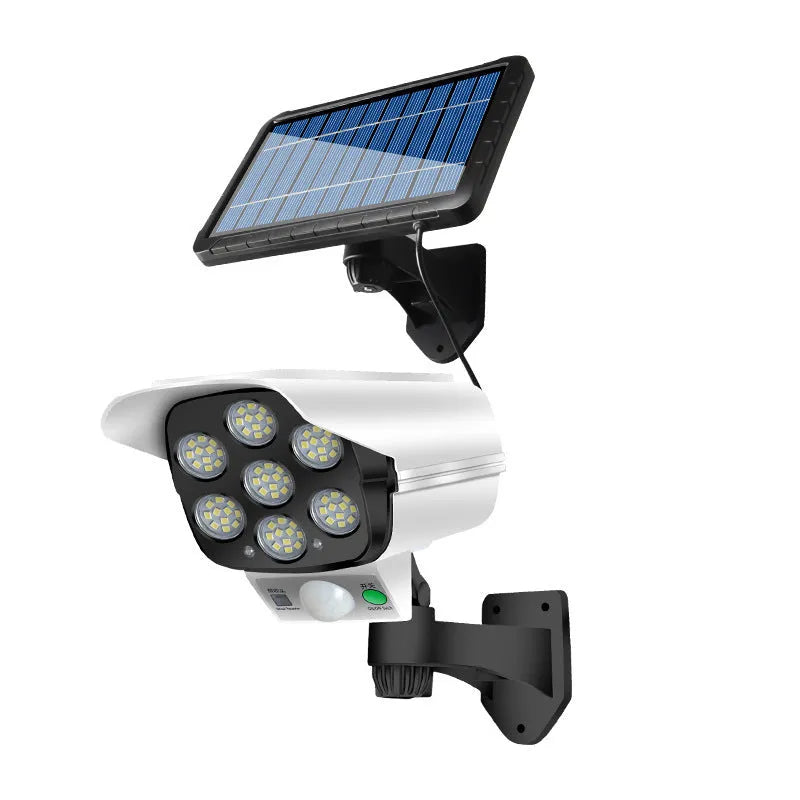 Solar-powered outdoor monitoring light with motion sensor in abstract design