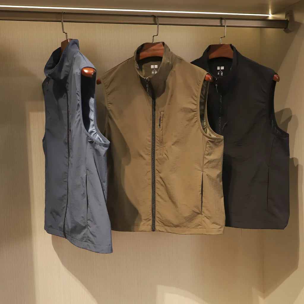 Men's thin straight vest cardigan in quick-drying nylon with side seam pockets