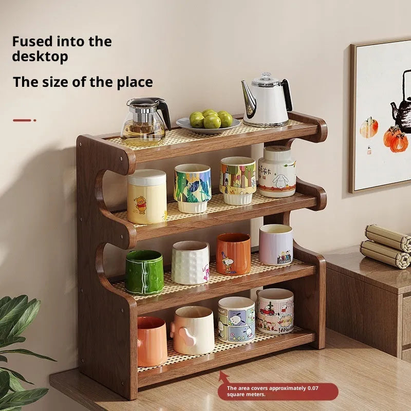 4-layer bamboo density plate storage rack in 46 style with arc cup holder for desktop or countertop use