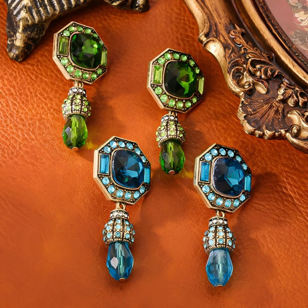 Full-jeweled geometric octagonal stud earrings in blue or green copper alloy for female wearers