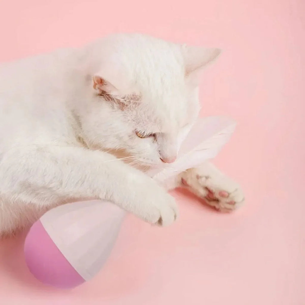 Green and pink feather tumbler cat toy with ABS plastic ball and goose feather attachment