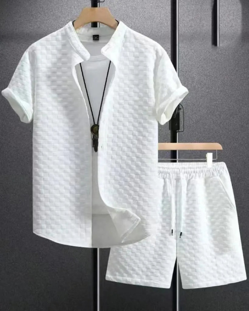 Jacquard short sleeve suit set in chemical fibre blend fabric available in beige, black, grey, or white