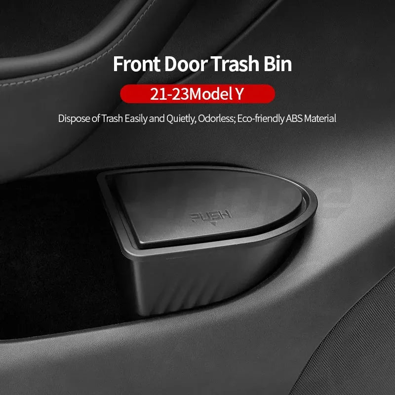 Two black ABS plastic car door trash cans for Tesla Model Y front seats