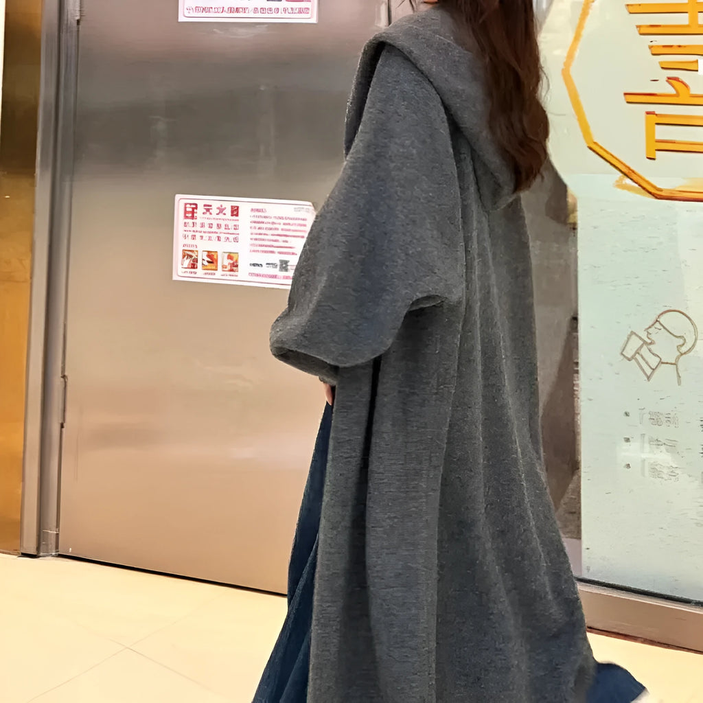 Korean idle style hooded long cardigan in wool blend polyester fabric below-the-knee length