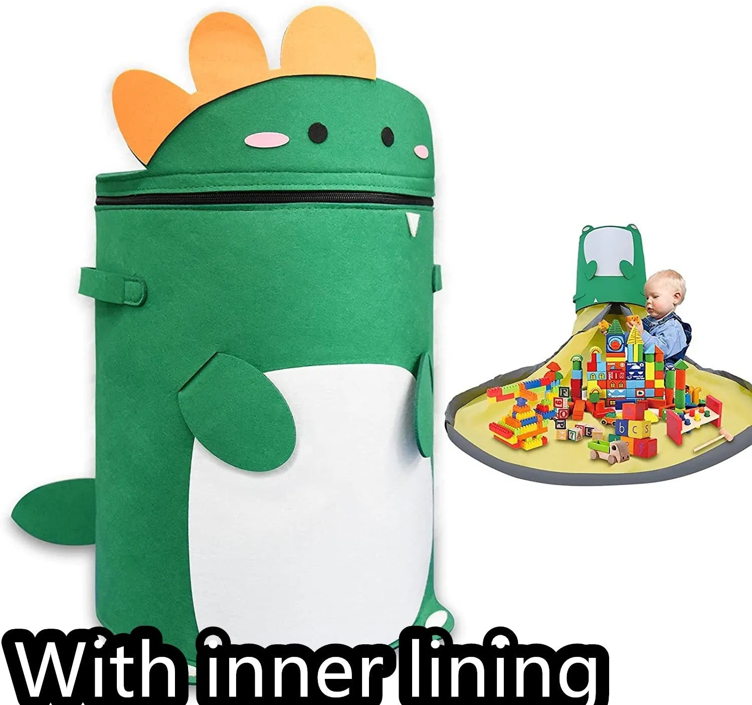 Green felt cube storage bag with pull rope that converts into a flat play mat for toys.