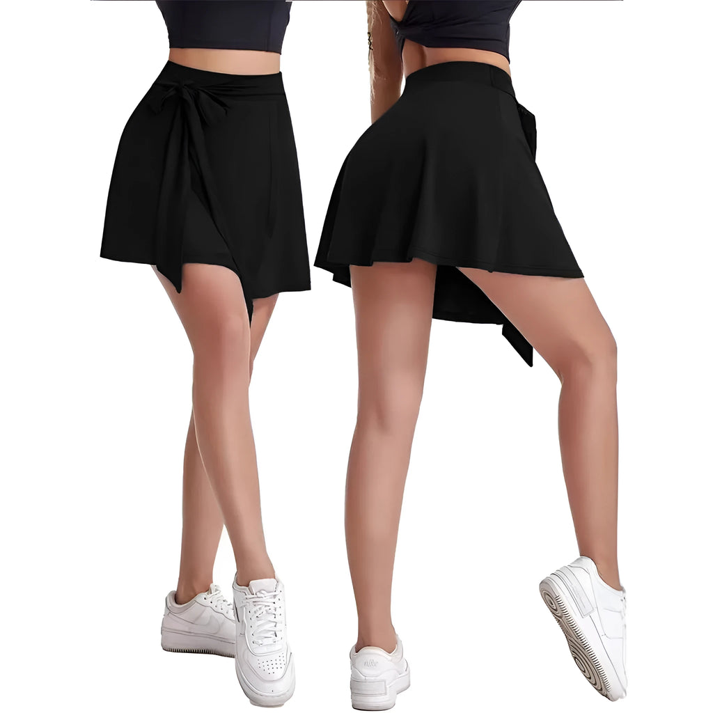 Black thigh-length anti-exposure sports skirt with built-in shorts, high waist, and unisex culotte style.