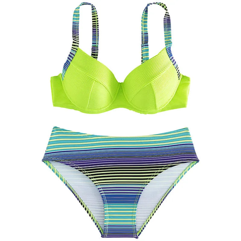 Green printed women's halter bikini with briefs bottoms on white background