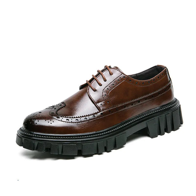 Men's black and brown brogue leather shoes with round toe and artificial PU construction