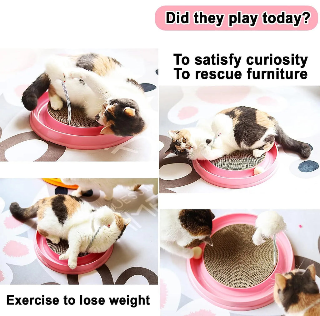 Round corrugated cardboard cat scratcher toy with blue or pink track, rolling ball, and mouse swatter attachment on white background
