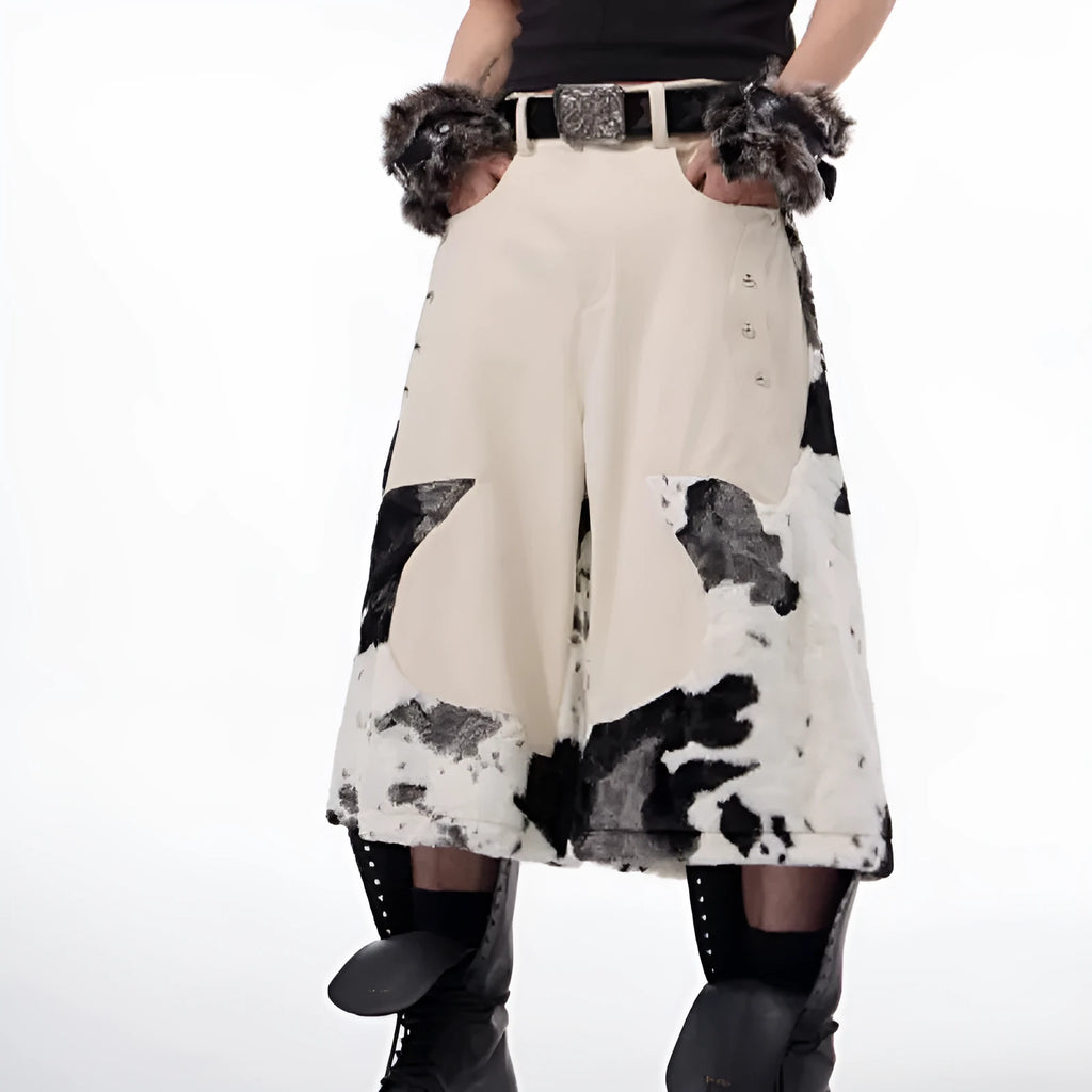 Women's milk fibre cropped trousers with fur detailing in checkered, striped or printed patterns