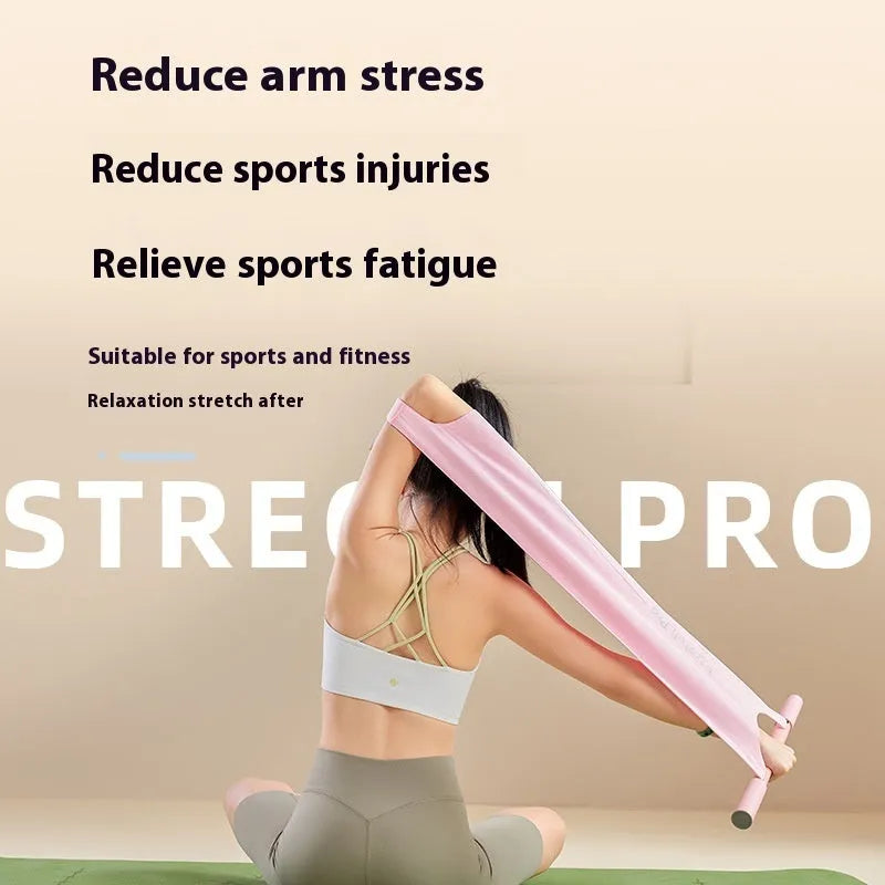 Grey and pink yoga multi-function stretching tool for shoulder, back, and hip flexibility.