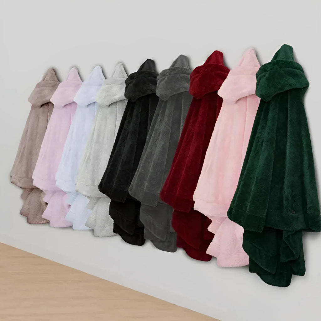 Thick hooded polyester bathrobe in cardigan style, shown in black, dark grey, or pink colour options.