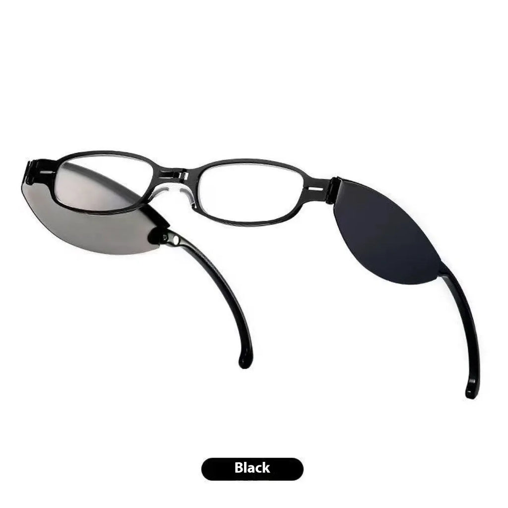 Folding retro-style presbyopic glasses for men in black frame, shown open and folded.