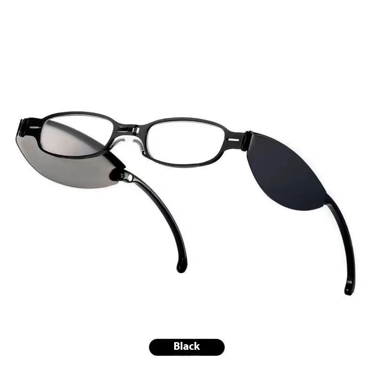 Folding retro-style presbyopic glasses for men in black frame, shown open and folded.