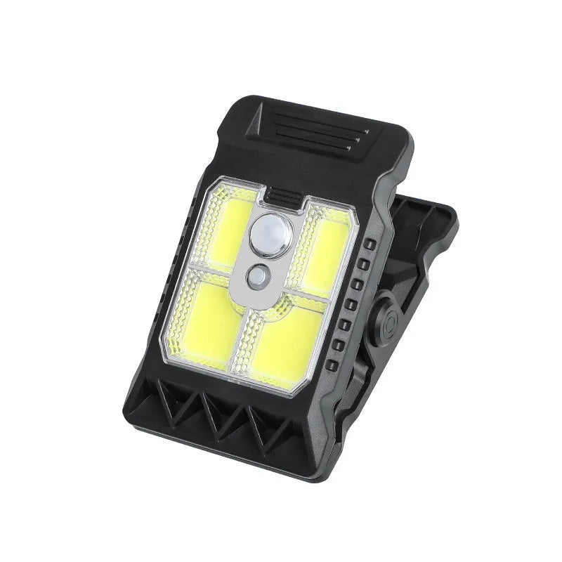 Compact white ABS clip lamp with motion sensor, shown clipped to a shelf edge