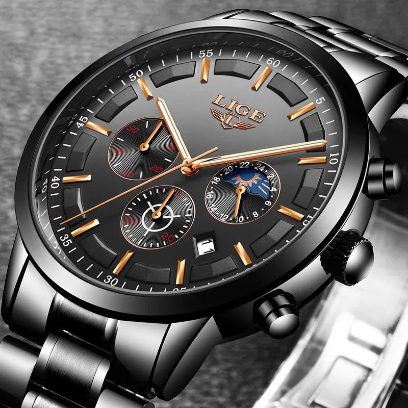 Men's waterproof quartz sports watch in black and rose red gold with 12mm thickness
