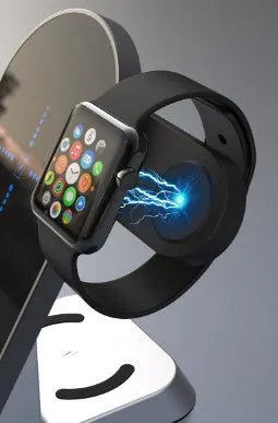 Black multifunctional wireless charging alarm clock with phone, watch, and earphone charging pads