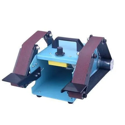Blue desktop dual-axis belt sander with abrasive belt, variable speed switch, and compact metal frame.