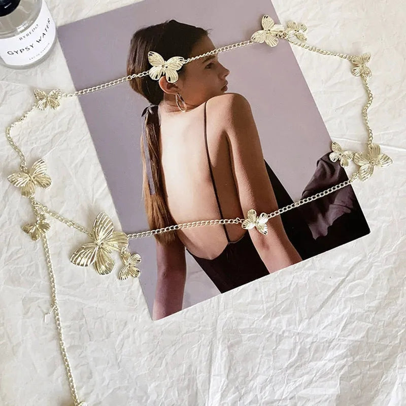 Gold butterfly waist chain jewellery for women with 104cm length retro design