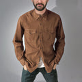 Regular fit denim cardigan coat in khaki on a hanger.