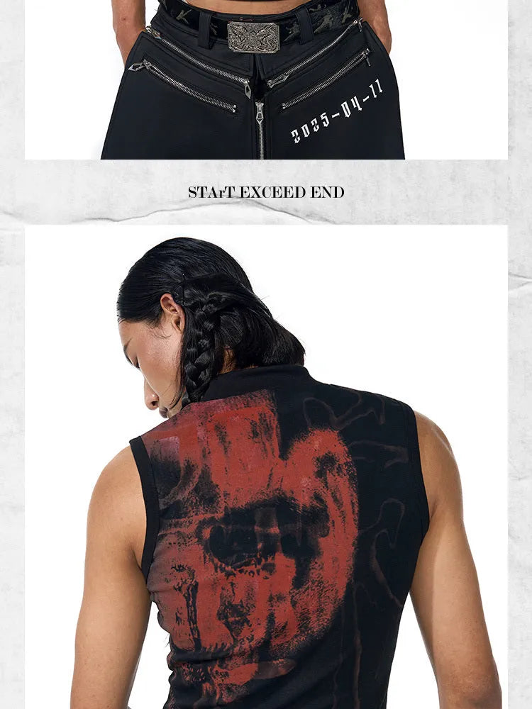 Black sleeveless t-shirt with half turtleneck collar and printed character pattern design