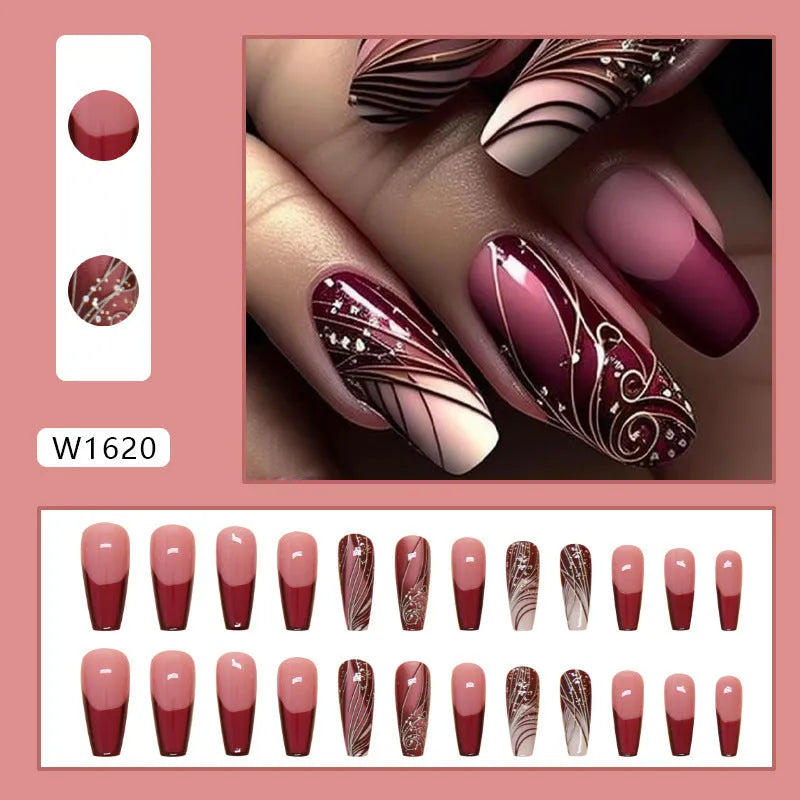 French line pattern fake nails with removable adhesive on plastic backing next to glue tube