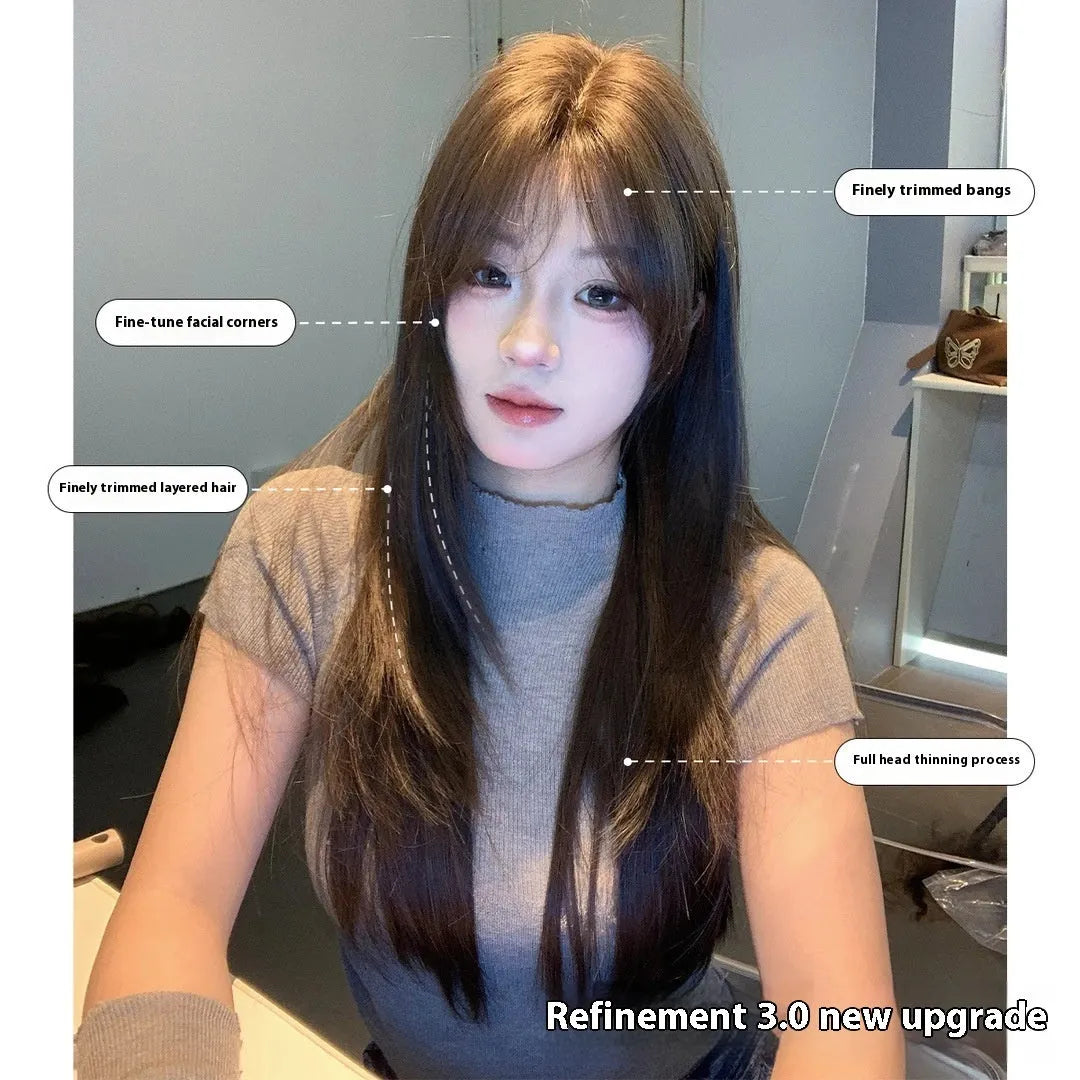 Women's layered long straight full-head synthetic wig in cold brown colour.
