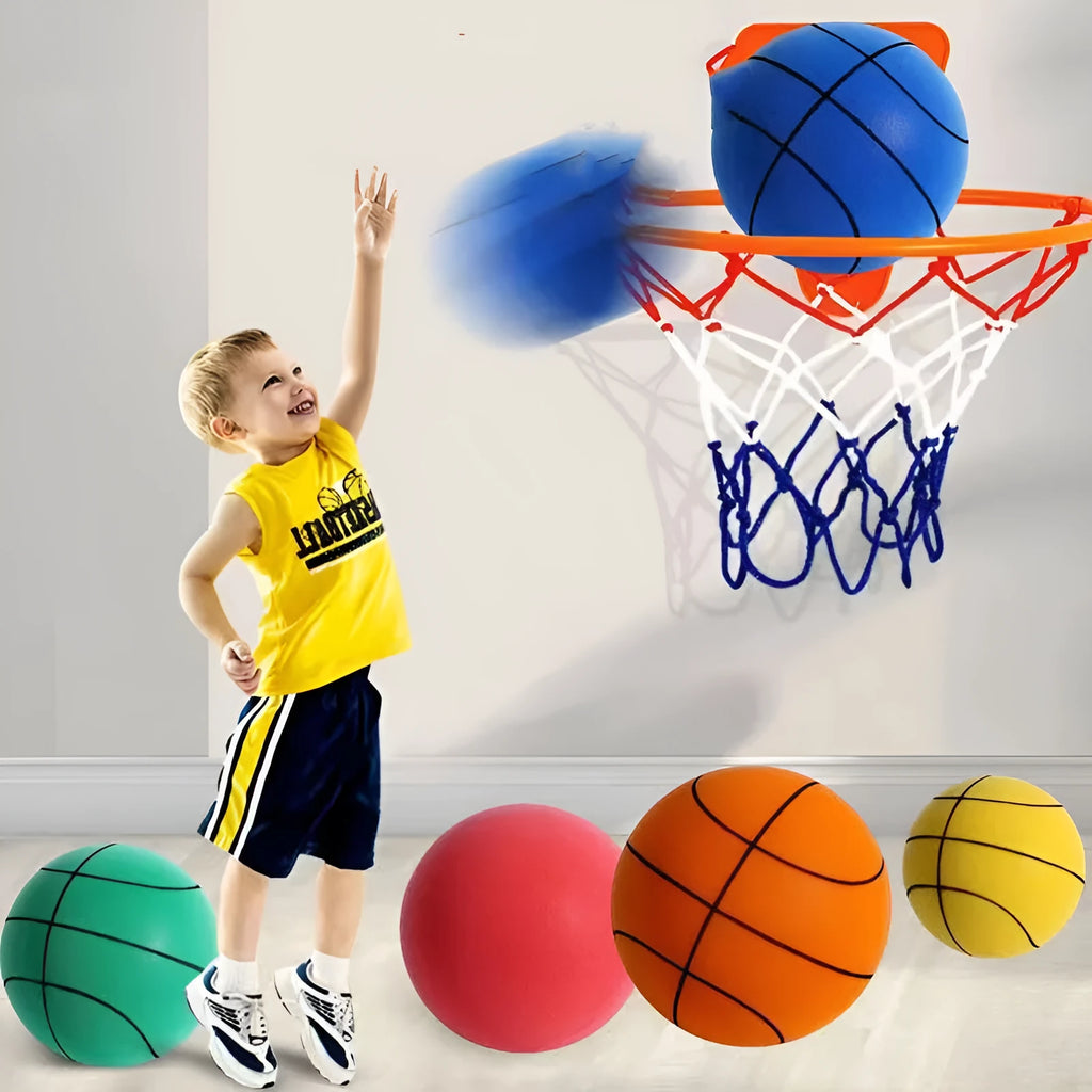 Silent PU foam training basketball in assorted colours showing smooth texture and basketball sizing