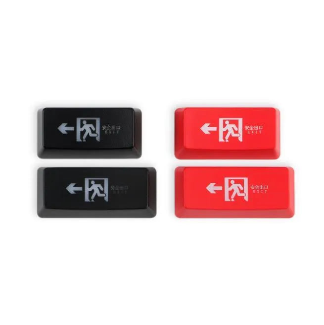 Transparent mechanical keyboard keycap with safety evacuation exit icon in red or black