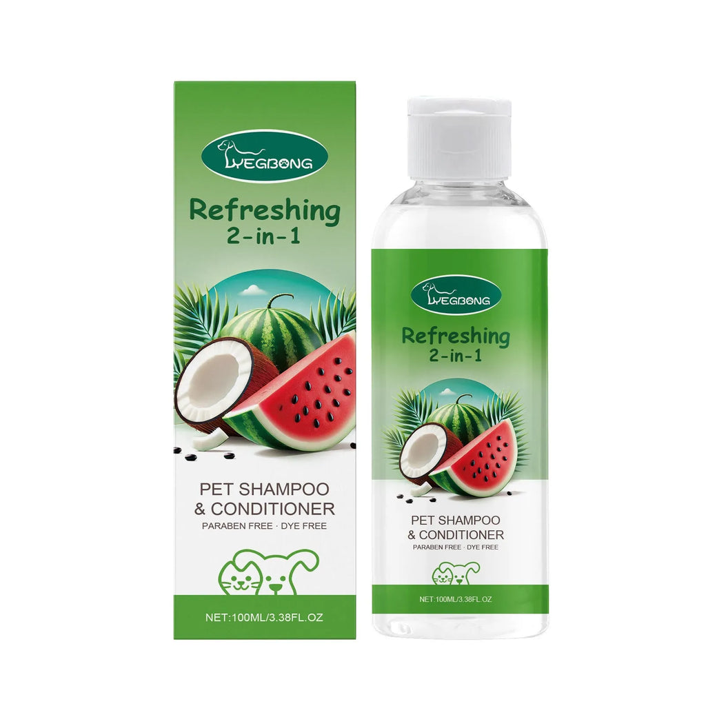 100ml bottle of pet 2-in-1 shampoo and shower gel with watermelon and coconut extracts.