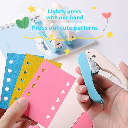 Small manual punching machine with four metal dies: love heart, star, 4mm round, and 6mm round hole.